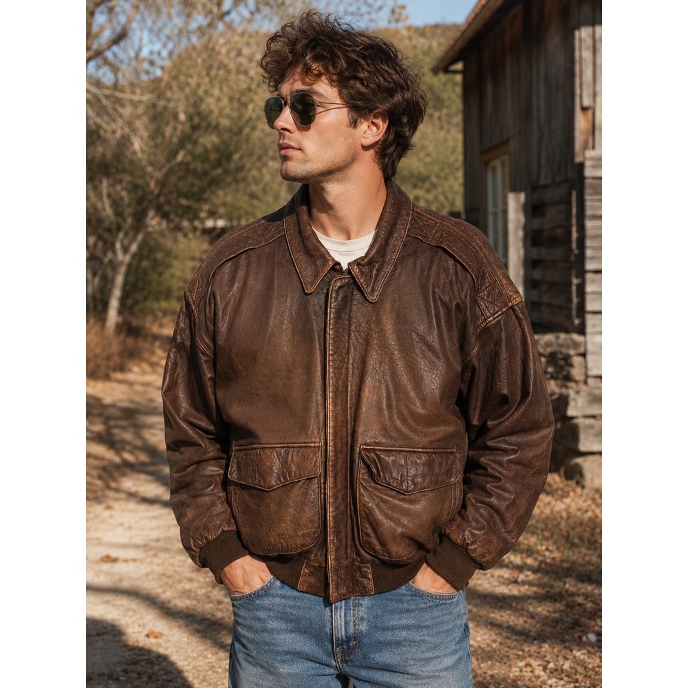 Vtg 90s Midway Genuine Leather Bomber Flight Jacket Men's Small Brown Distressed